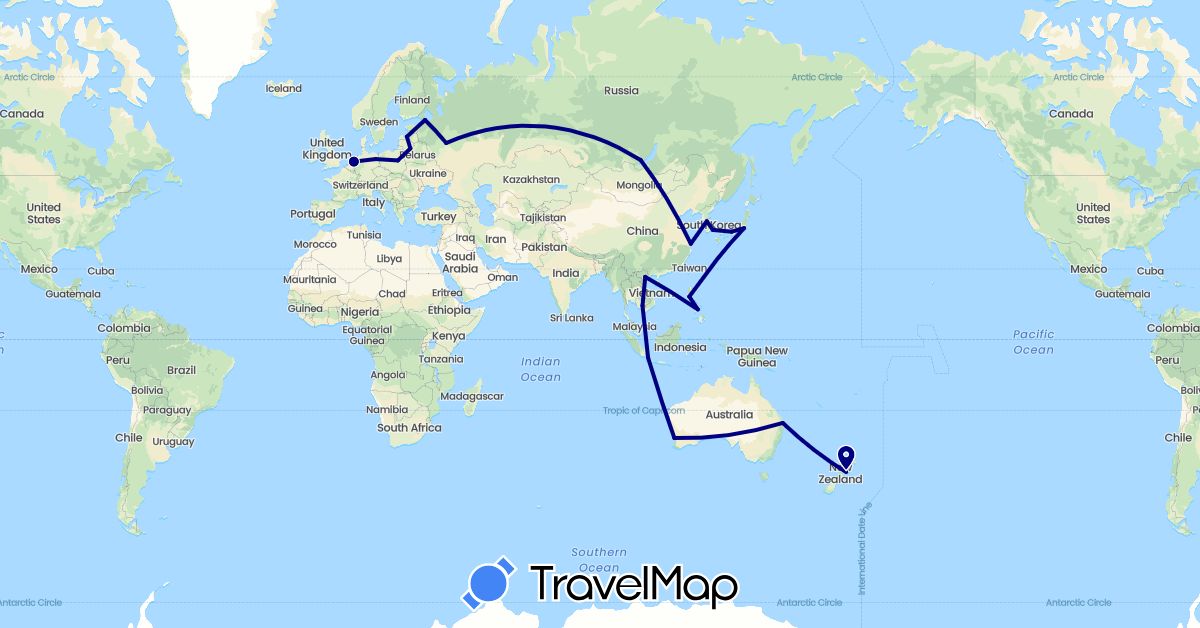 TravelMap itinerary: driving in Australia, China, Germany, Indonesia, Japan, Cambodia, South Korea, Lithuania, Latvia, Netherlands, New Zealand, Philippines, Poland, Russia, Vietnam (Asia, Europe, Oceania)
